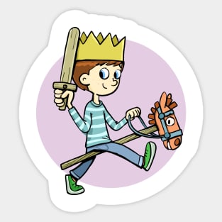 boy plays knight king and rides a horse on a stick Sticker